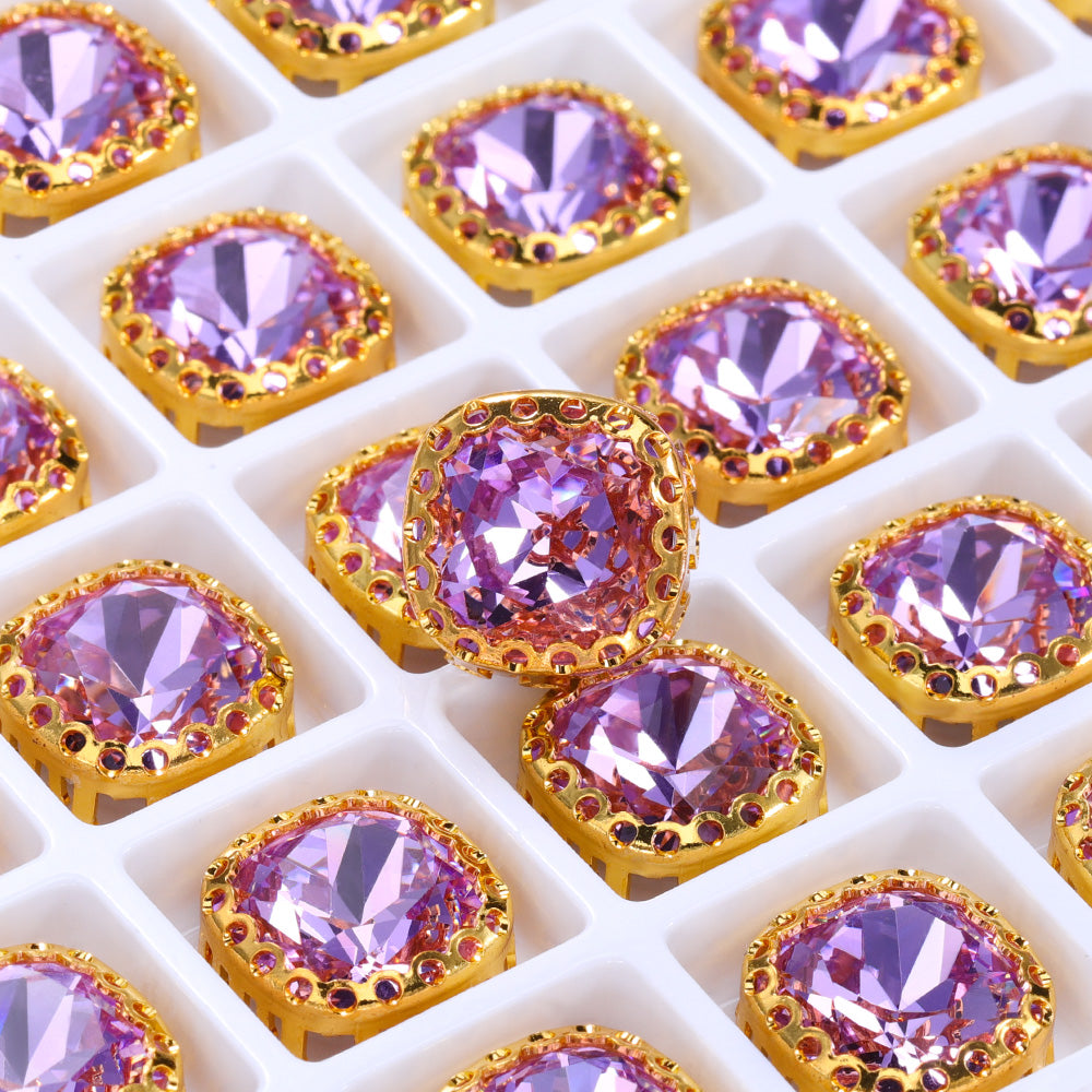 Violet Cushion Square Shape High-Quality Glass Sew-on Nest Hollow Claw Rhinestones