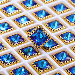 Bermuda Blue Princess Square Shape High-Quality Glass Sew-on Nest Hollow Claw Rhinestones