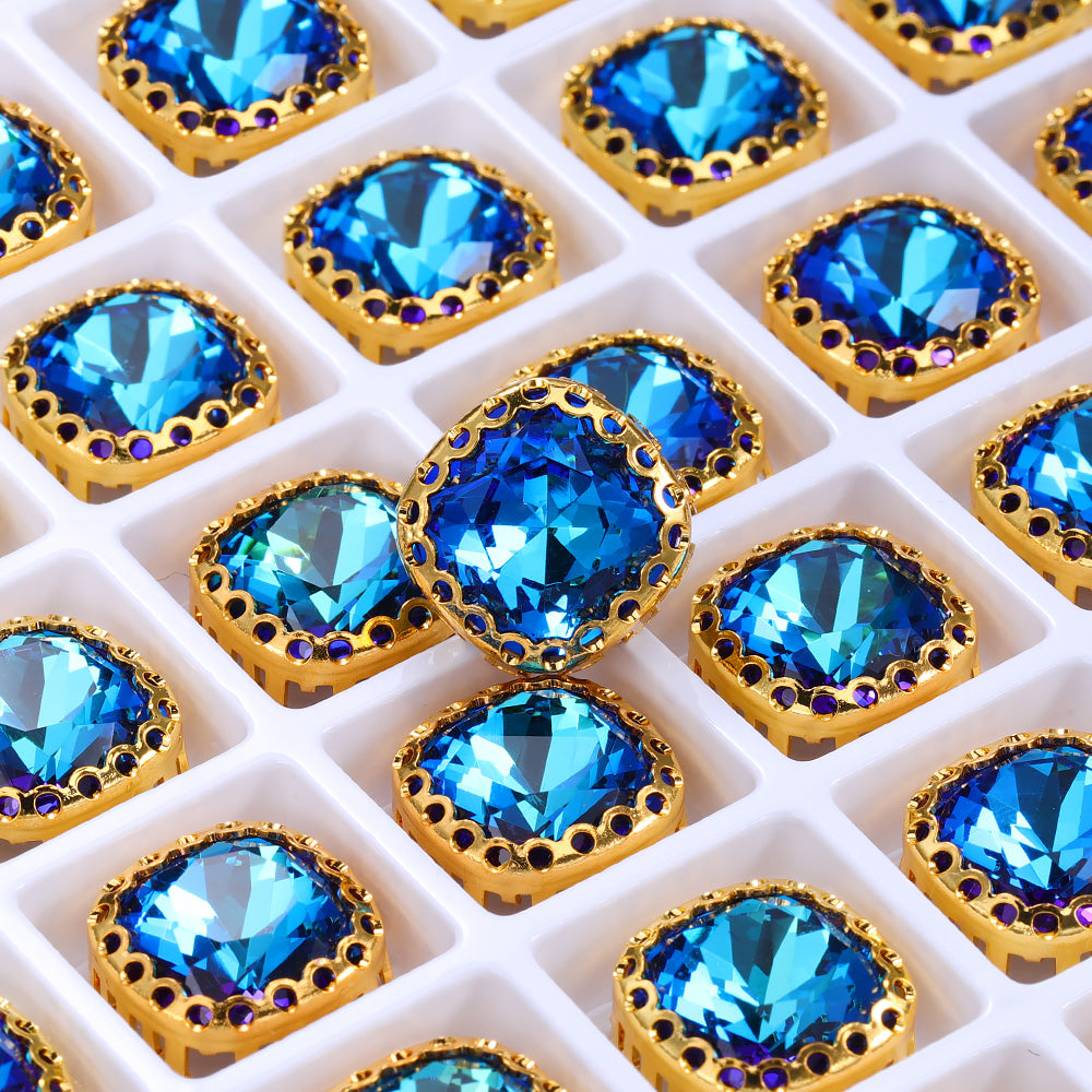 Bermuda Blue Cushion Square Shape High-Quality Glass Sew-on Nest Hollow Claw Rhinestones