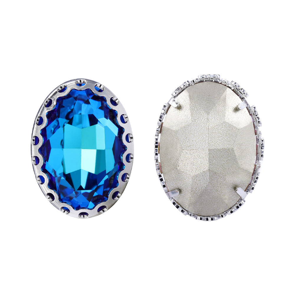 Bermuda Blue Oval Shape High-Quality Glass Sew-on Nest Hollow Claw Rhinestones