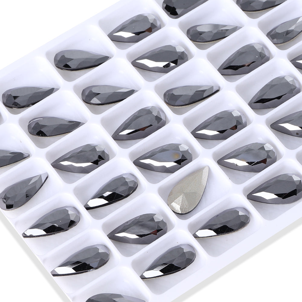 Jet Metallic Silver Teardrop Shape High Quality Glass Pointed Back Fancy Rhinestones