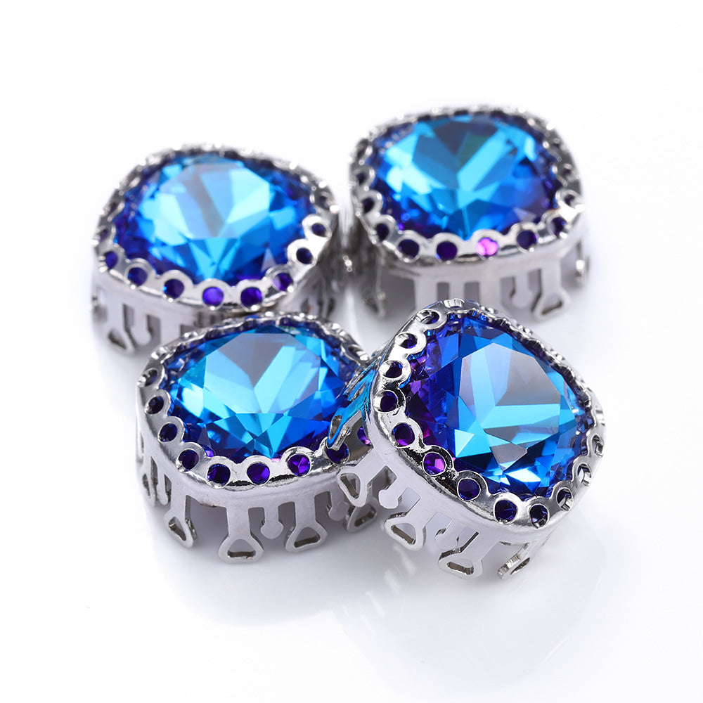 Bermuda Blue Cushion Square Shape High-Quality Glass Sew-on Nest Hollow Claw Rhinestones