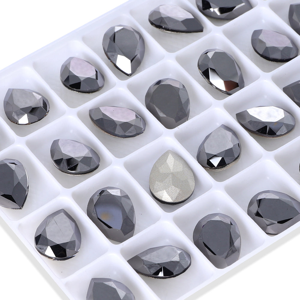 Jet Metallic Silver Pear Shape High Quality Glass Pointed Back Fancy Rhinestones