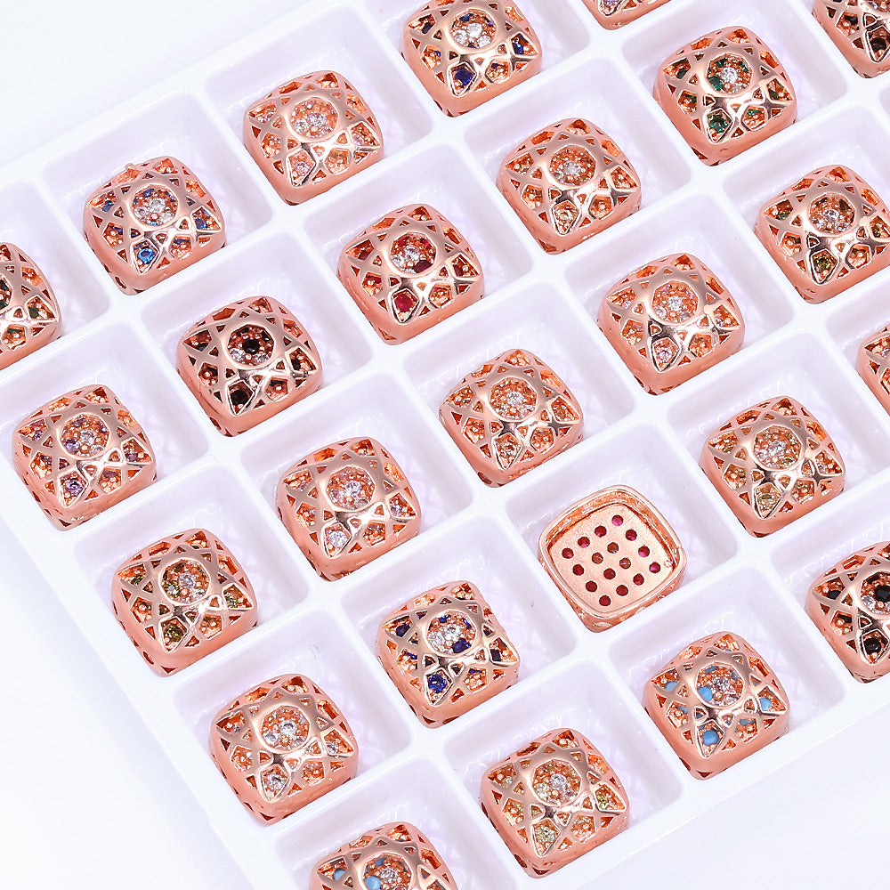 Cushion Square Shape Rose Gold Plated High-Quality Sew-on Alloy Charms Inlaid Cubic Zirconia