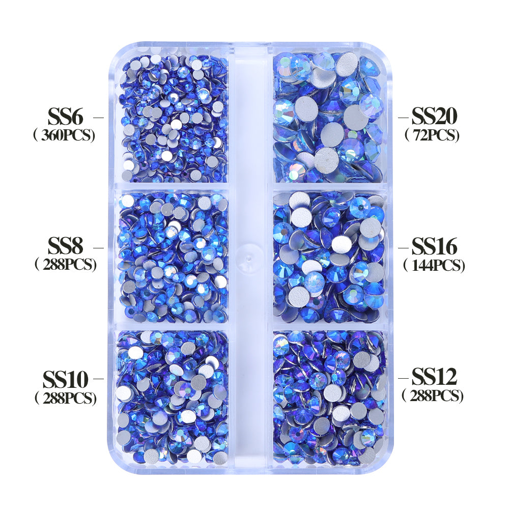 Mixed Sizes 6 Grid Box Light Blue AB Glass FlatBack Rhinestones For Nail Art  Silver Back