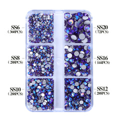 Mixed Sizes 6 Grid Box Tanzanite AB Glass FlatBack Rhinestones For Nail Art  Silver Back