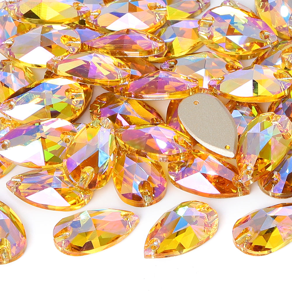 Light Topaz Shimmer Drop Shape High Quality Glass Sew-on Rhinestones