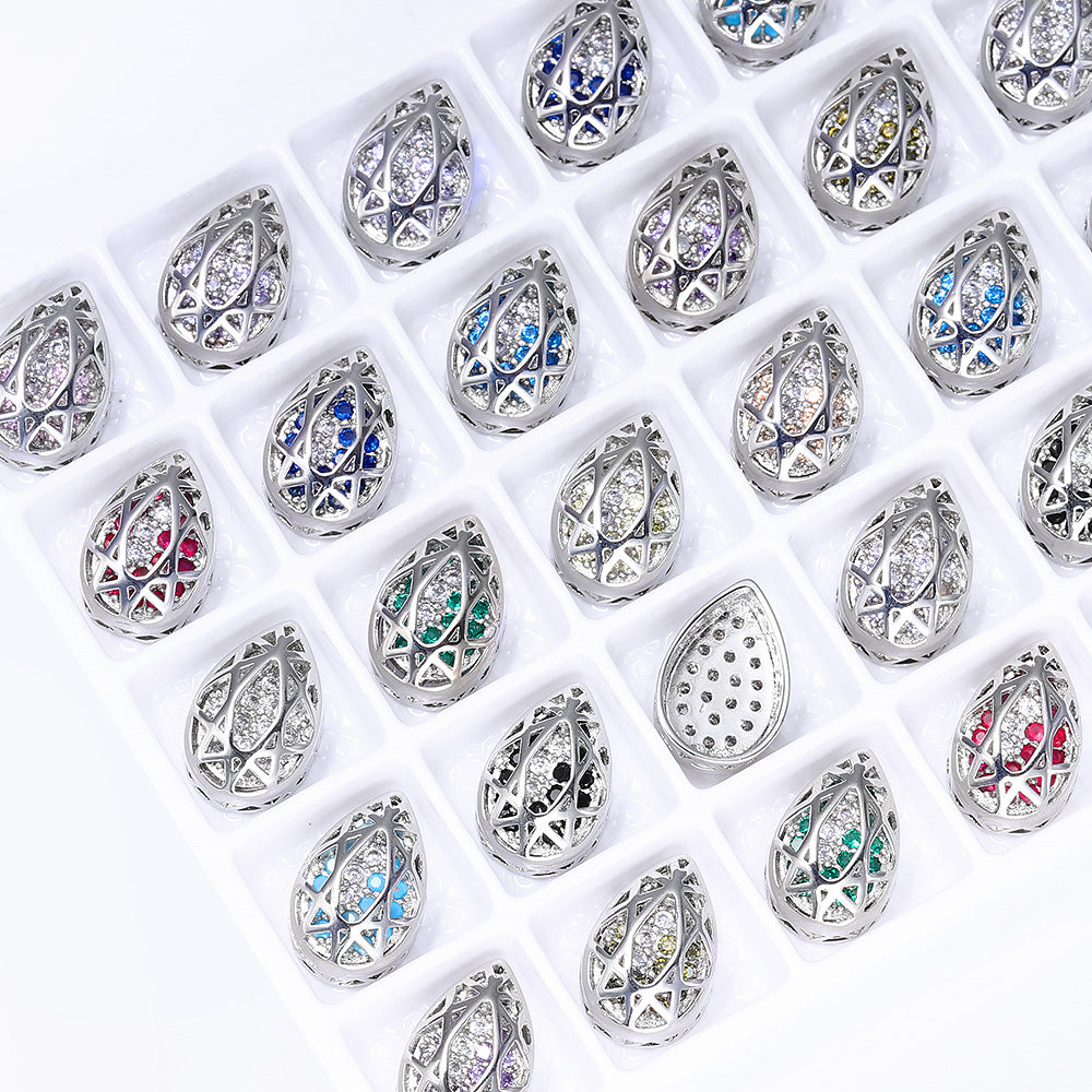 Drop Shape Imitation Rhodium Plated High-Quality Sew-on Alloy Charms Inlaid Cubic Zirconia