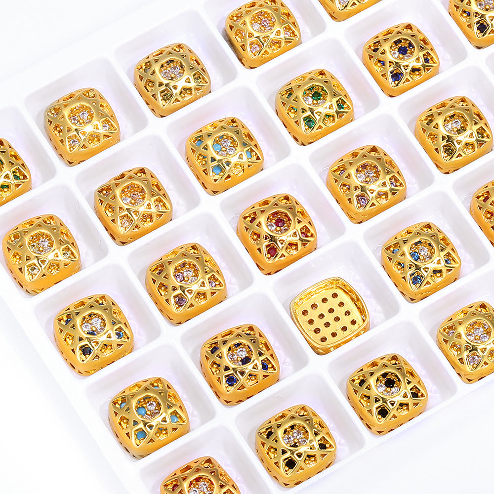 Cushion Square Shape Golden Plated High-Quality Sew-on Alloy Charms Inlaid Cubic Zirconia