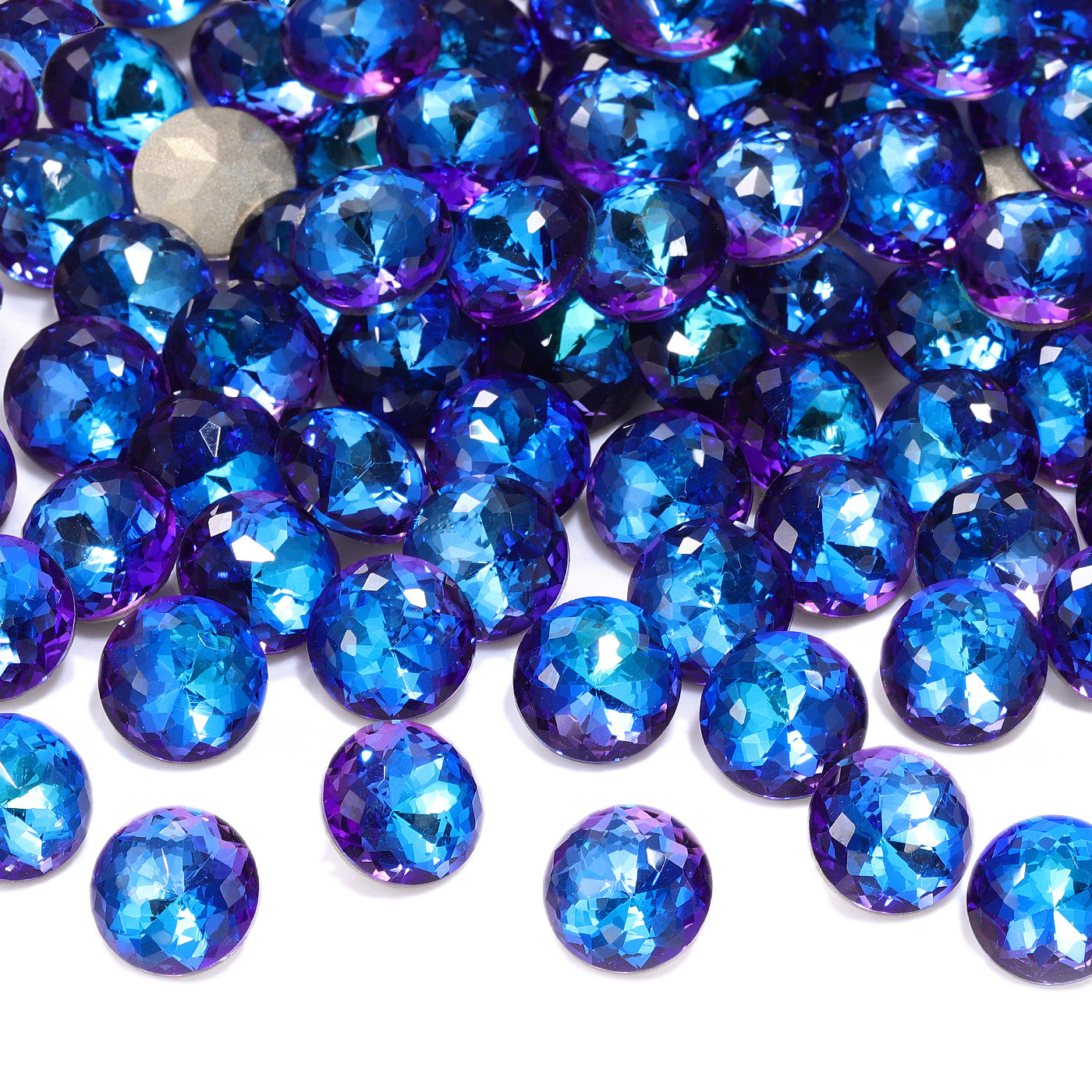 Bermuda Blue Dome Round Shape High Quality Glass Pointed Back Fancy Rhinestones