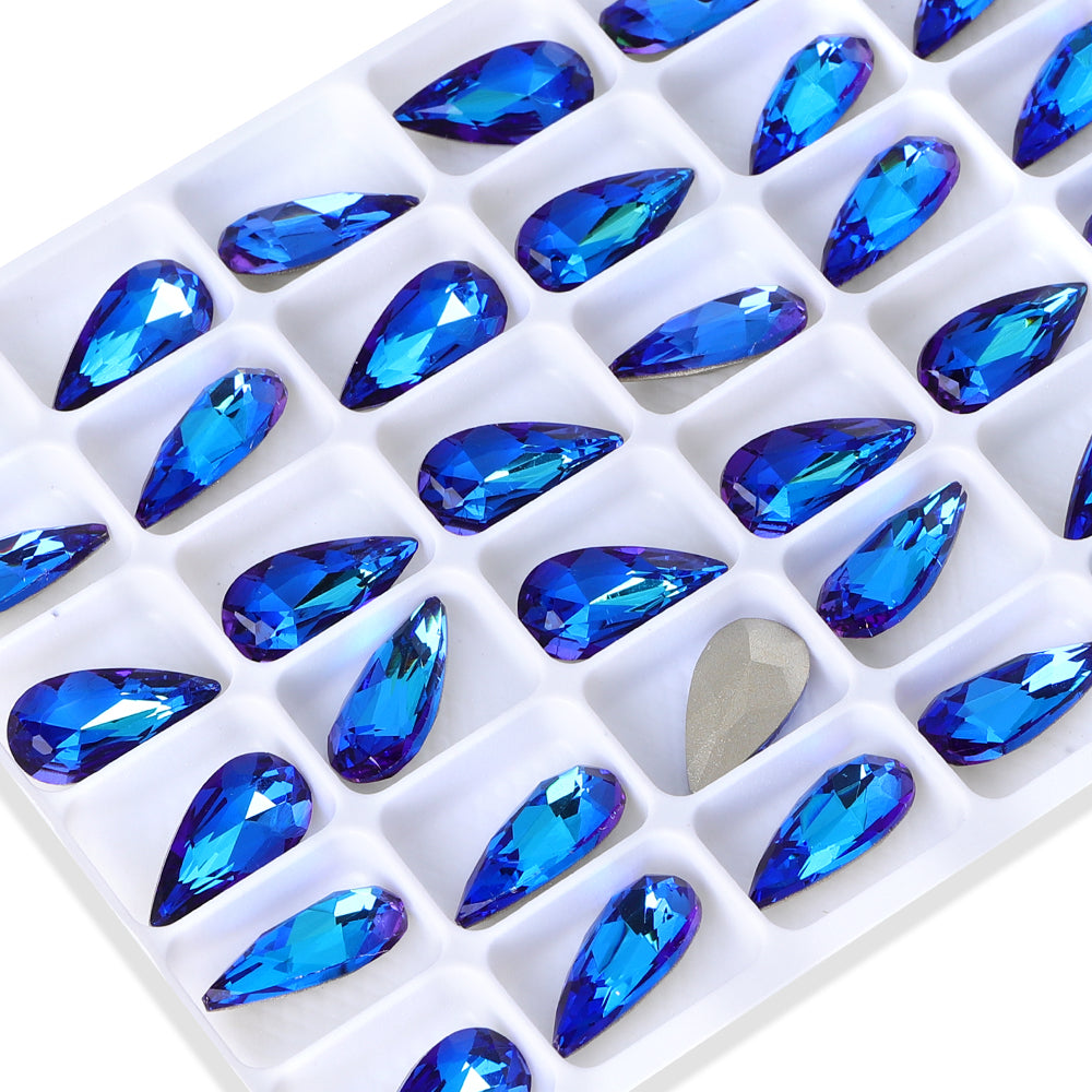 Bermuda Blue Teardrop Shape High Quality Glass Pointed Back Fancy Rhinestones