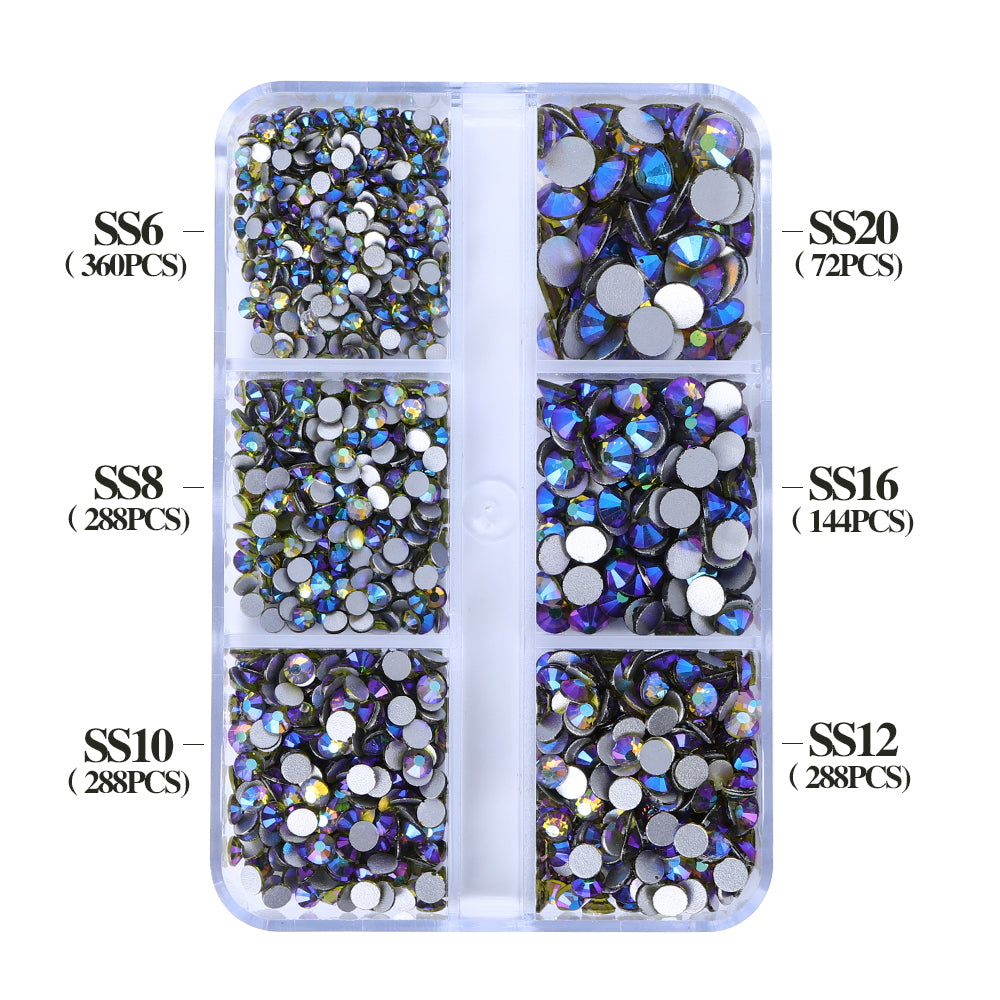 Mixed Sizes 6 Grid Box Olive Green AB Glass FlatBack Rhinestones For Nail Art  Silver Back