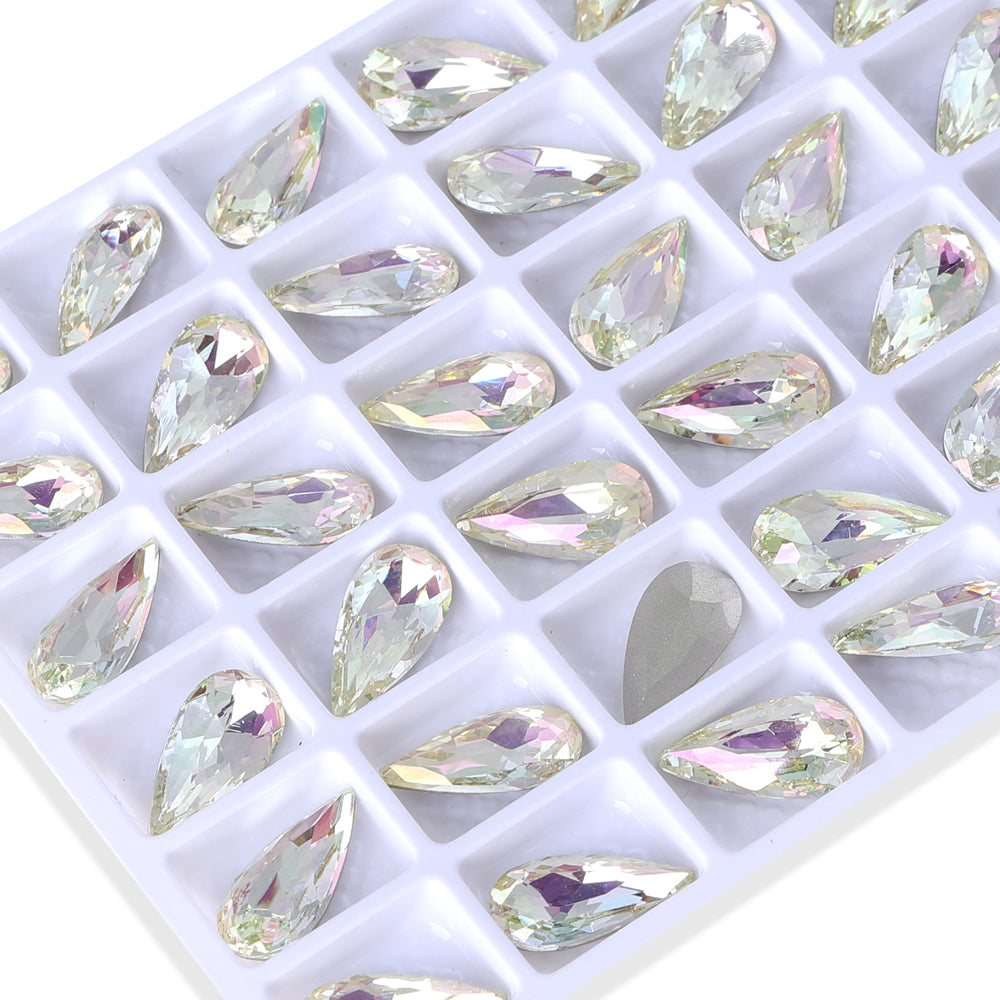 Luminous Green Teardrop Shape High Quality Glass Pointed Back Fancy Rhinestones