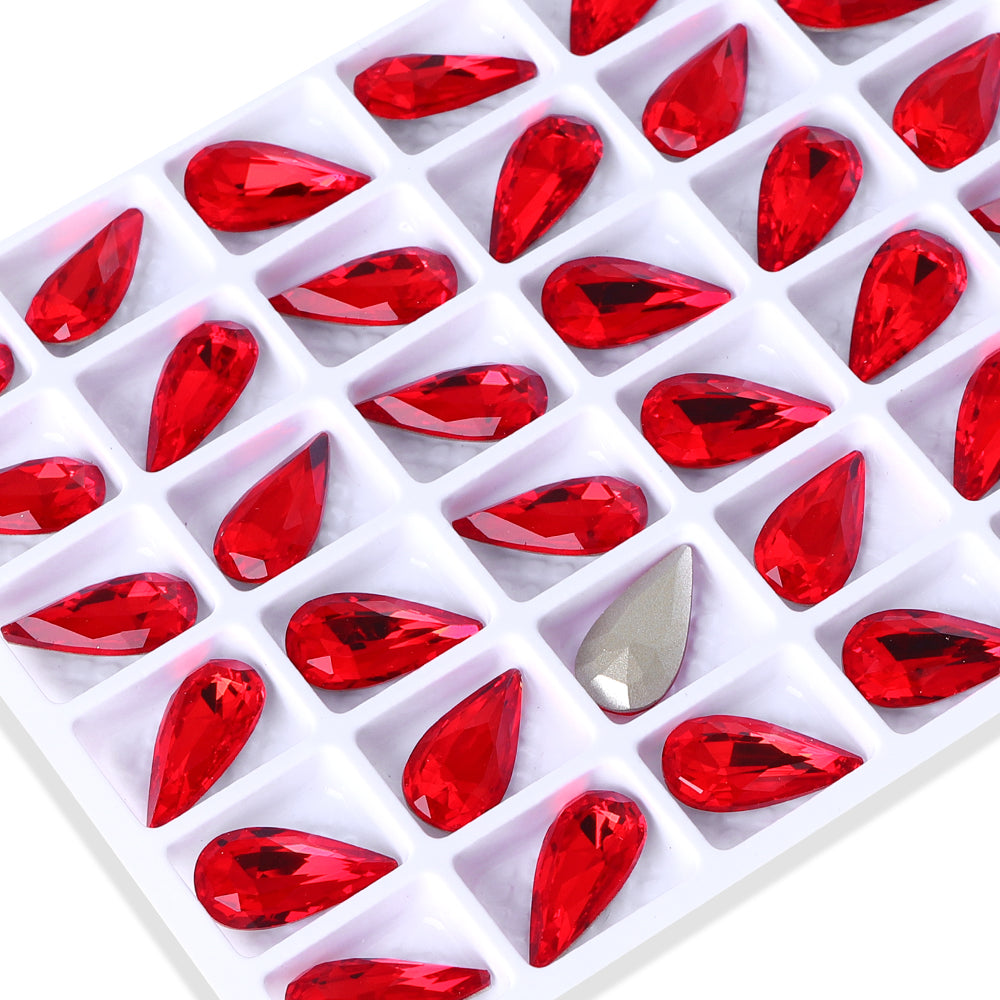 Light Siam Teardrop Shape High Quality Glass Pointed Back Fancy Rhinestones