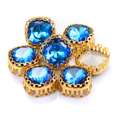 Bermuda Blue Cushion Square Shape High-Quality Glass Sew-on Nest Hollow Claw Rhinestones