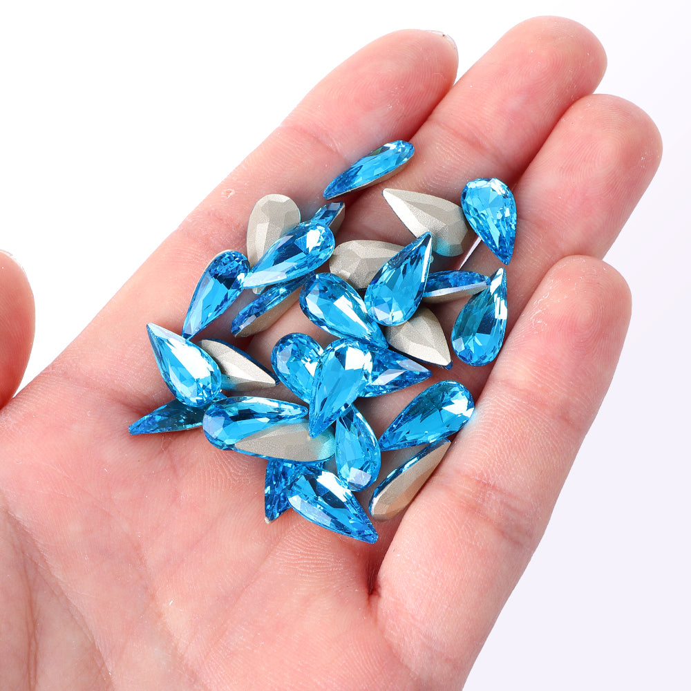 Aquamarine Teardrop Shape High Quality Glass Pointed Back Fancy Rhinestones