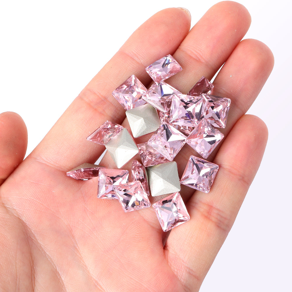 Light Rose Princess Square Shape High Quality Glass Pointed Back Fancy Rhinestones