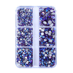 Mixed Sizes 6 Grid Box Tanzanite AB Glass FlatBack Rhinestones For Nail Art  Silver Back