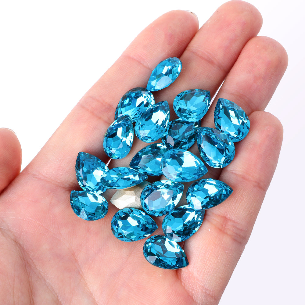 Aquamarine Pear Shape High Quality Glass Pointed Back Fancy Rhinestones