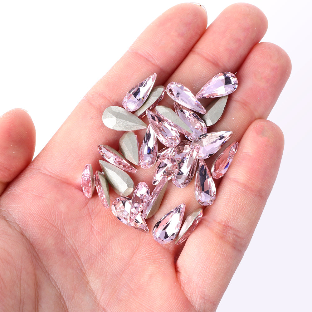 Light Rose Teardrop Shape High Quality Glass Pointed Back Fancy Rhinestones