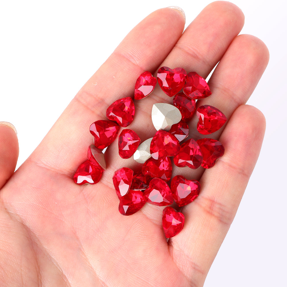 Light Siam Heart Shape High Quality Glass Pointed Back Fancy Rhinestones