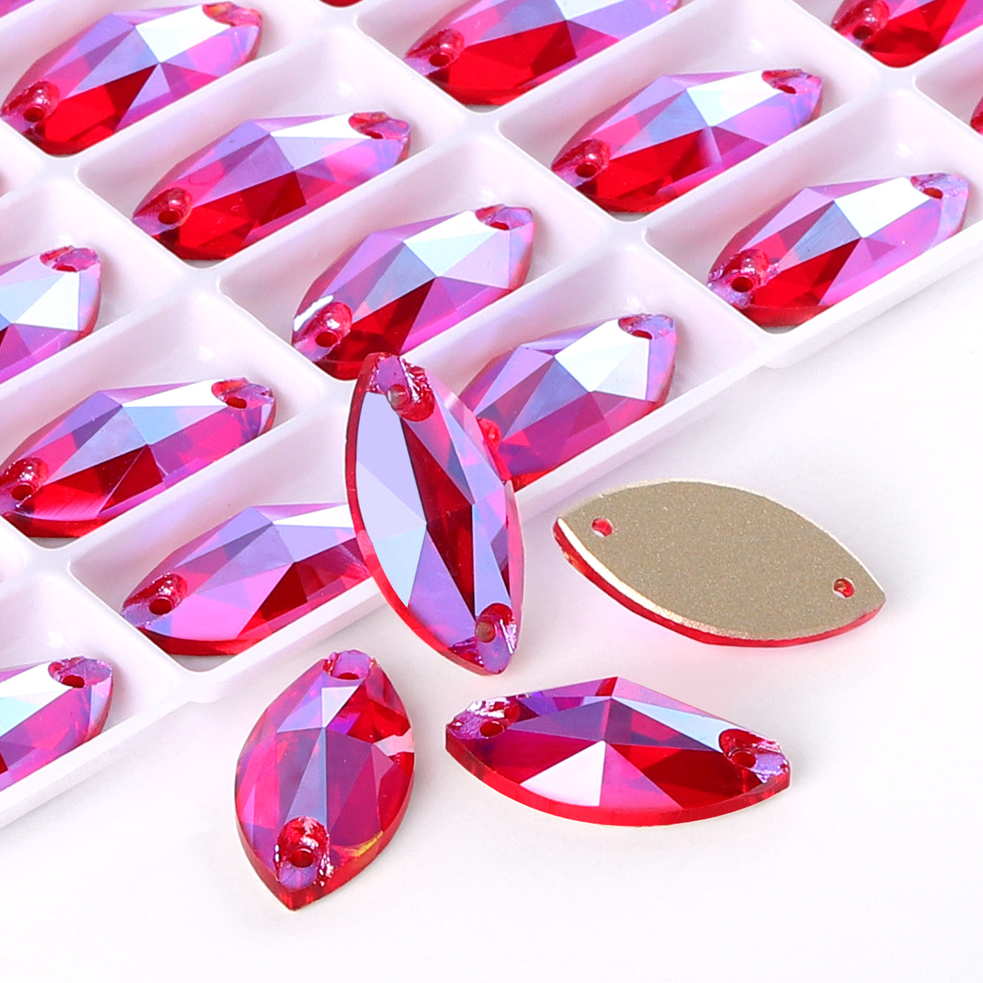 Light Siam Shimmer Navette Shape High Quality Glass Sew-on Rhinestones
