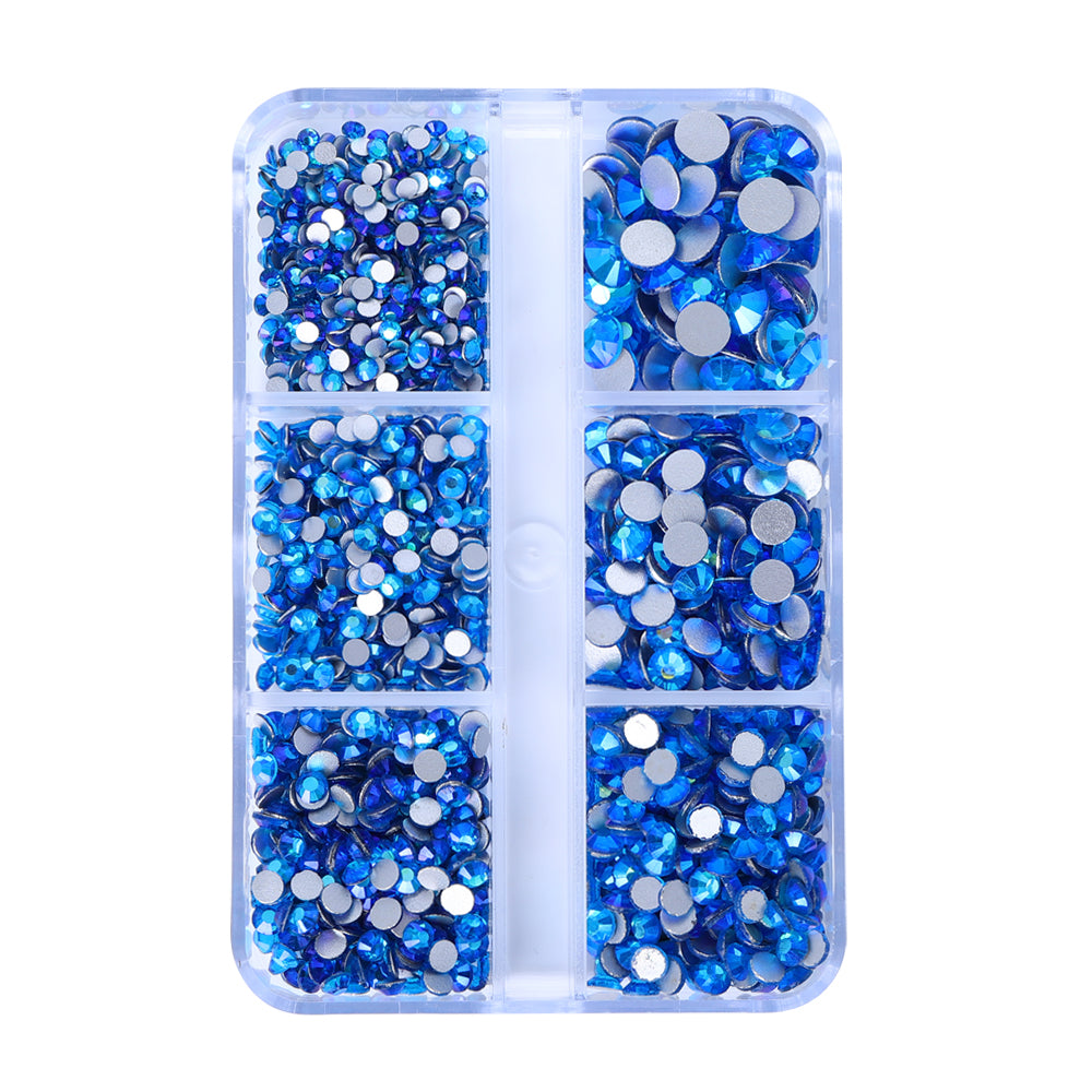 Mixed Sizes 6 Grid Box Capri Blue AB Glass FlatBack Rhinestones For Nail Art  Silver Back