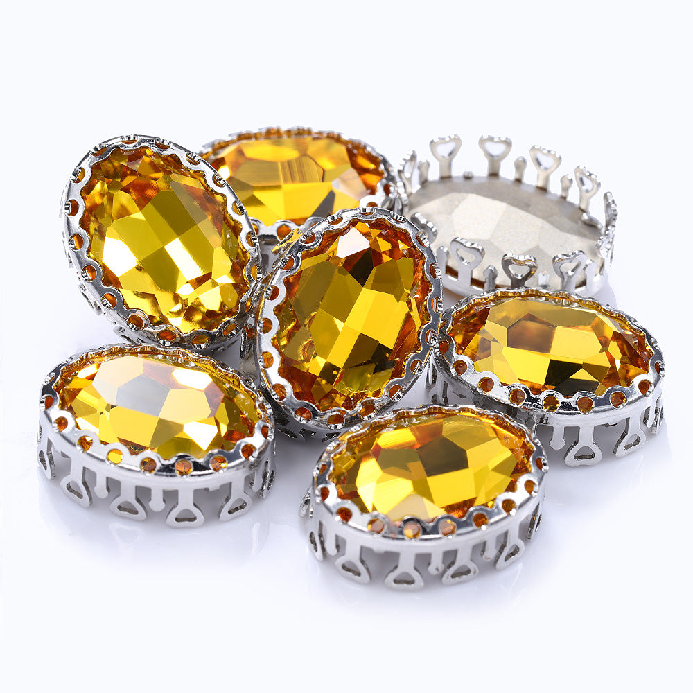 Light Topaz Oval Shape High-Quality Glass Sew-on Nest Hollow Claw Rhinestones