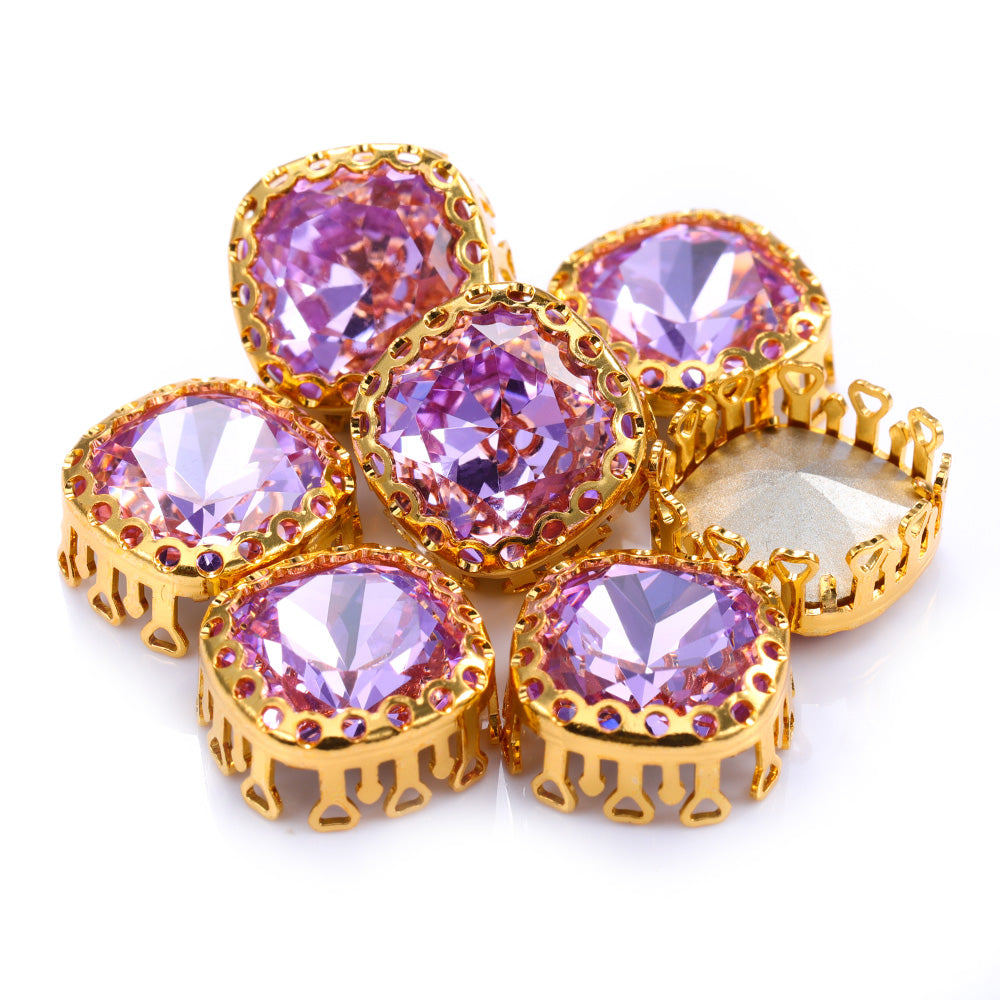 Violet Cushion Square Shape High-Quality Glass Sew-on Nest Hollow Claw Rhinestones