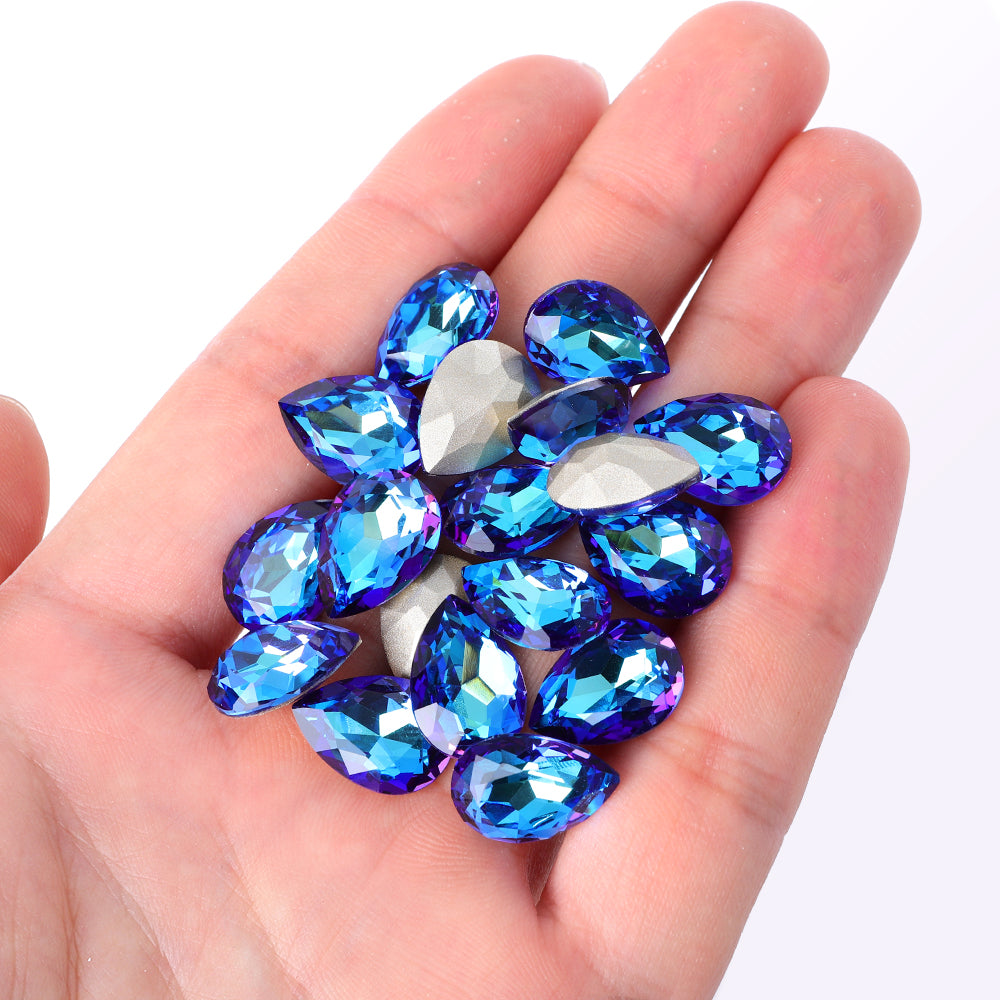 Bermuda Blue Pear Shape High Quality Glass Pointed Back Fancy Rhinestones