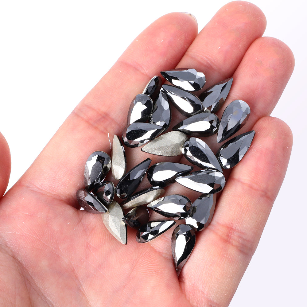 Jet Metallic Silver Teardrop Shape High Quality Glass Pointed Back Fancy Rhinestones