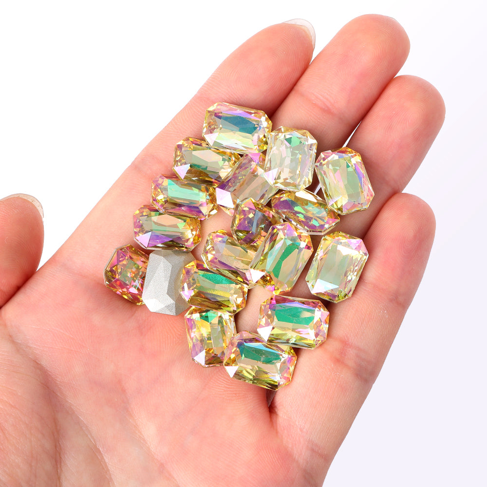 Luminous Green Thin Octagon Shape High Quality Glass Pointed Back Fancy Rhinestones