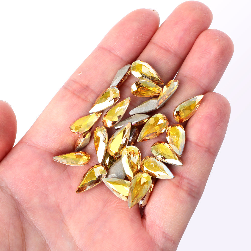 Metallic Sunshine Teardrop Shape High Quality Glass Pointed Back Fancy Rhinestones