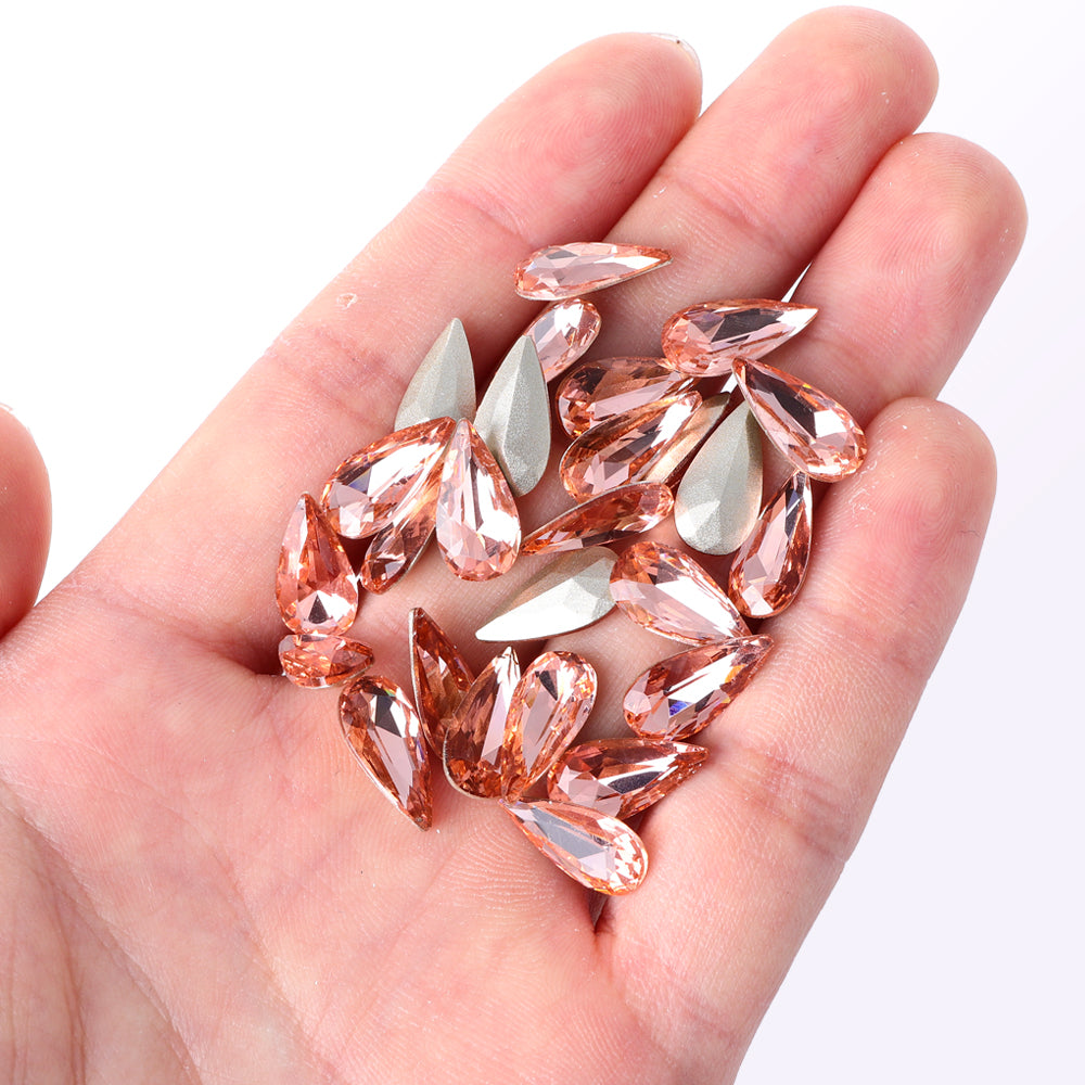 Light Peach Teardrop Shape High Quality Glass Pointed Back Fancy Rhinestones