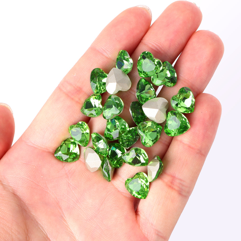 Peridot Heart Shape High Quality Glass Pointed Back Fancy Rhinestones