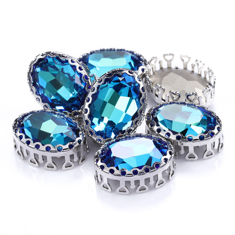 Bermuda Blue Oval Shape High-Quality Glass Sew-on Nest Hollow Claw Rhinestones