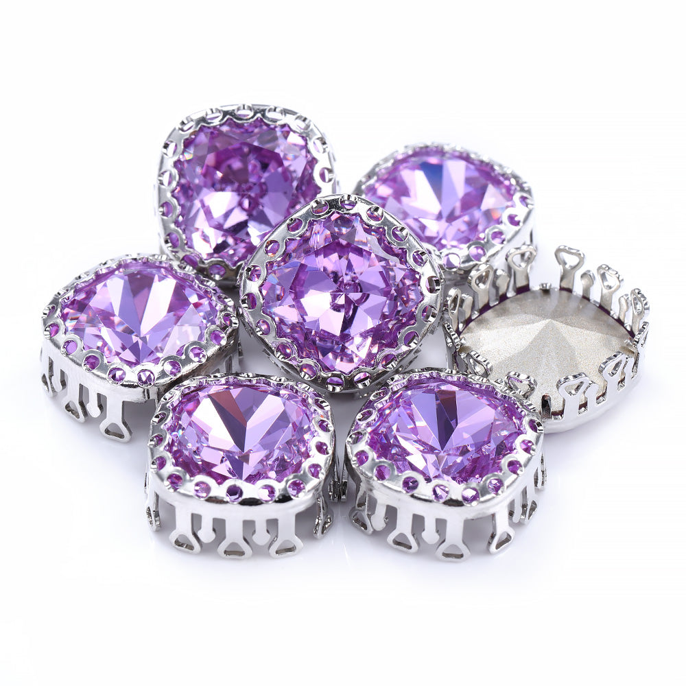 Violet Cushion Square Shape High-Quality Glass Sew-on Nest Hollow Claw Rhinestones