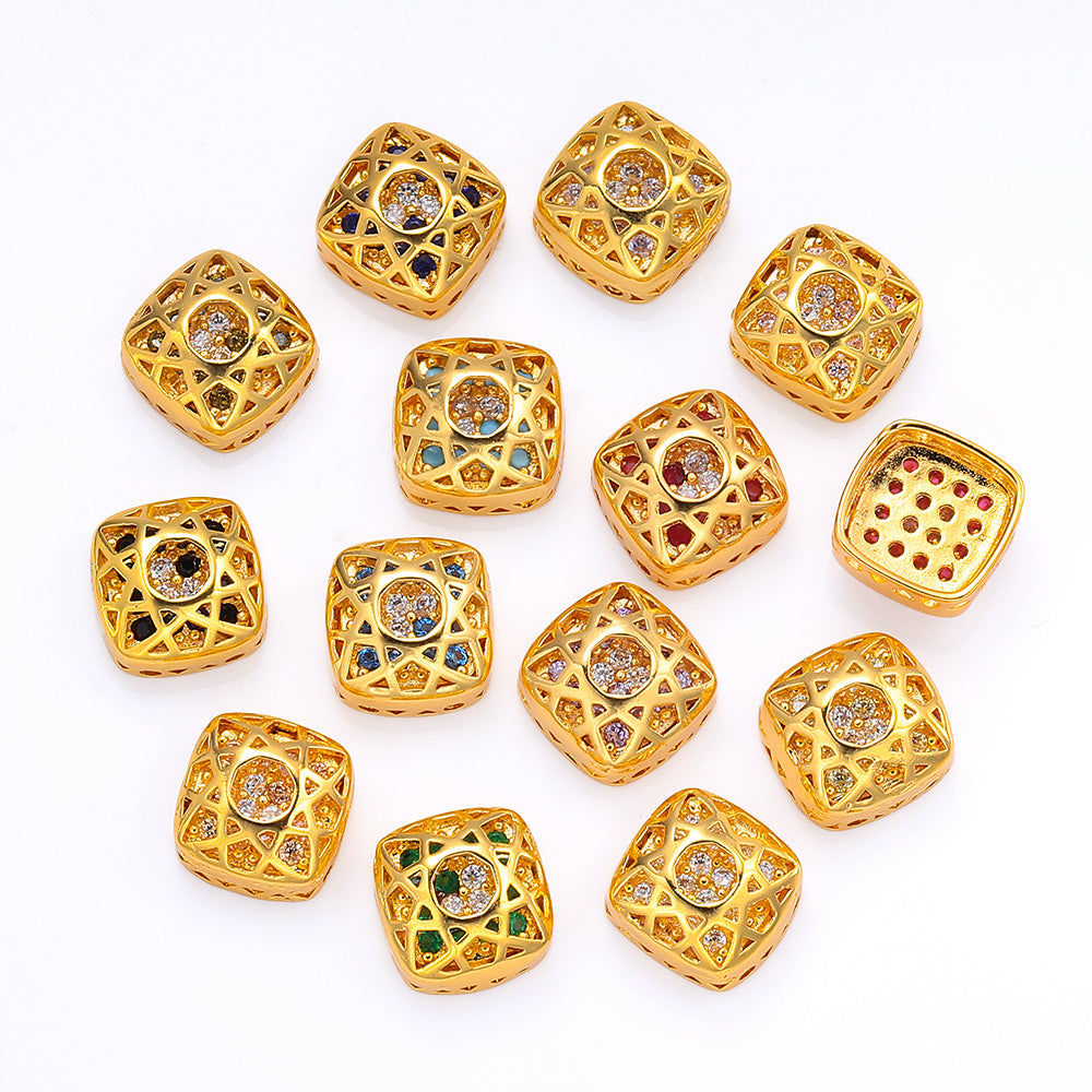 Cushion Square Shape Golden Plated High-Quality Sew-on Alloy Charms Inlaid Cubic Zirconia WholesaleRhinestone