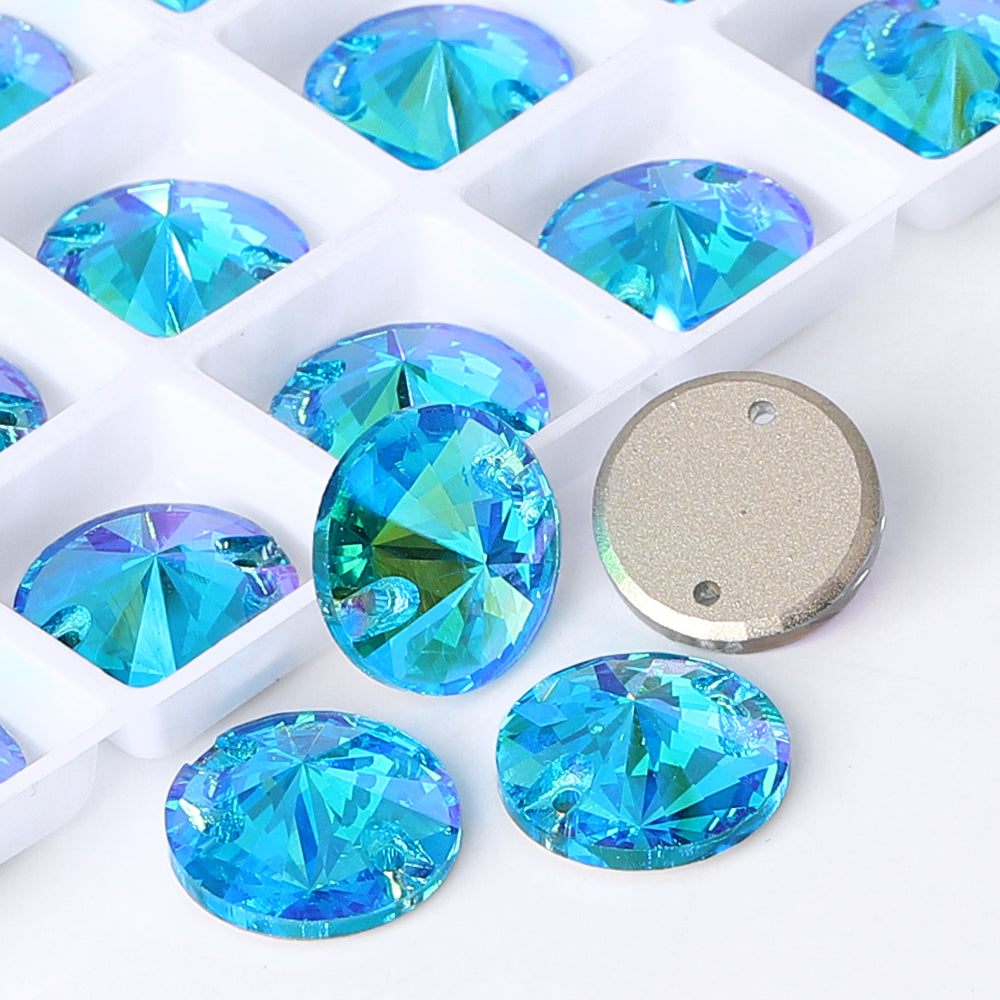 Aquamarine Shimmer Rivoli Shape High Quality Glass Sew-on Rhinestones