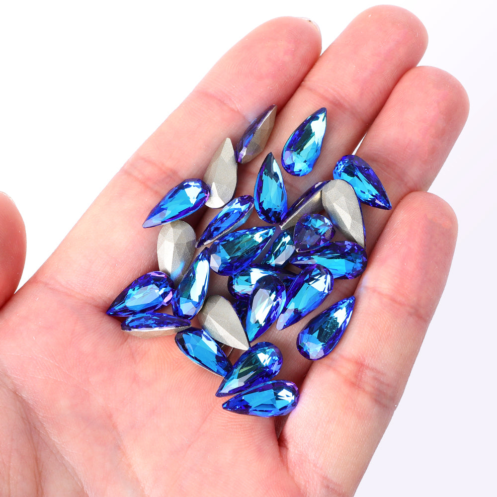 Bermuda Blue Teardrop Shape High Quality Glass Pointed Back Fancy Rhinestones