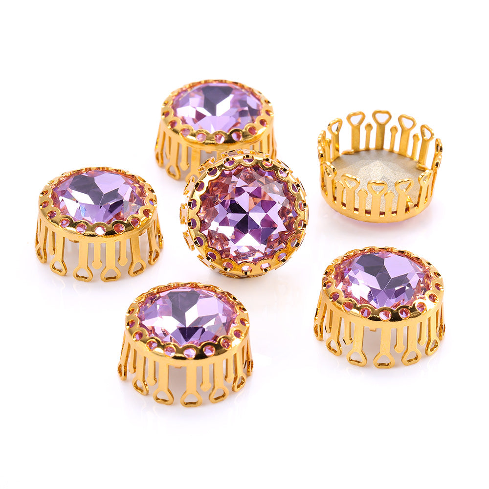 Violet Gemstone Flower Round Shape High-Quality Glass Sew-on Nest Hollow Claw Rhinestones