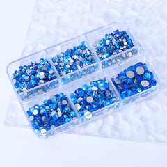 Mixed Sizes 6 Grid Box Capri Blue AB Glass FlatBack Rhinestones For Nail Art  Silver Back