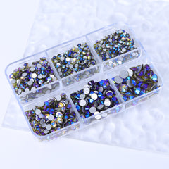 Mixed Sizes 6 Grid Box Olive Green AB Glass FlatBack Rhinestones For Nail Art  Silver Back