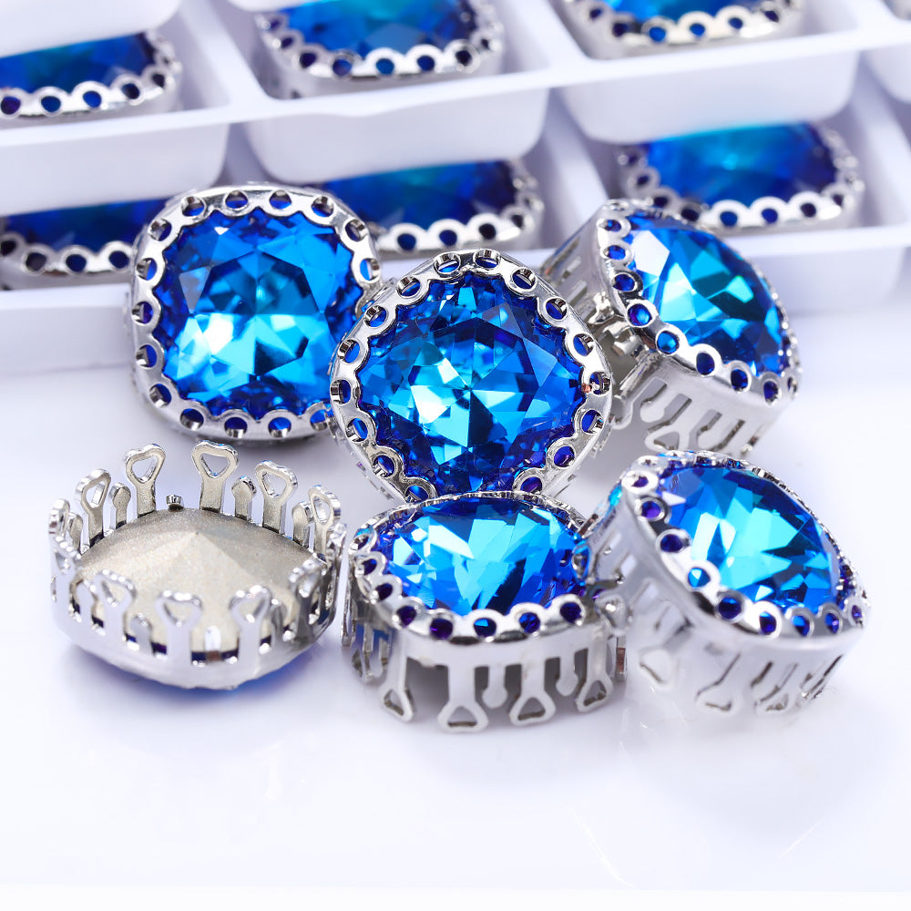 Bermuda Blue Cushion Square Shape High-Quality Glass Sew-on Nest Hollow Claw Rhinestones