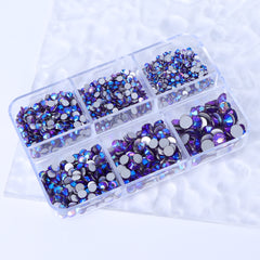 Mixed Sizes 6 Grid Box Tanzanite AB Glass FlatBack Rhinestones For Nail Art  Silver Back