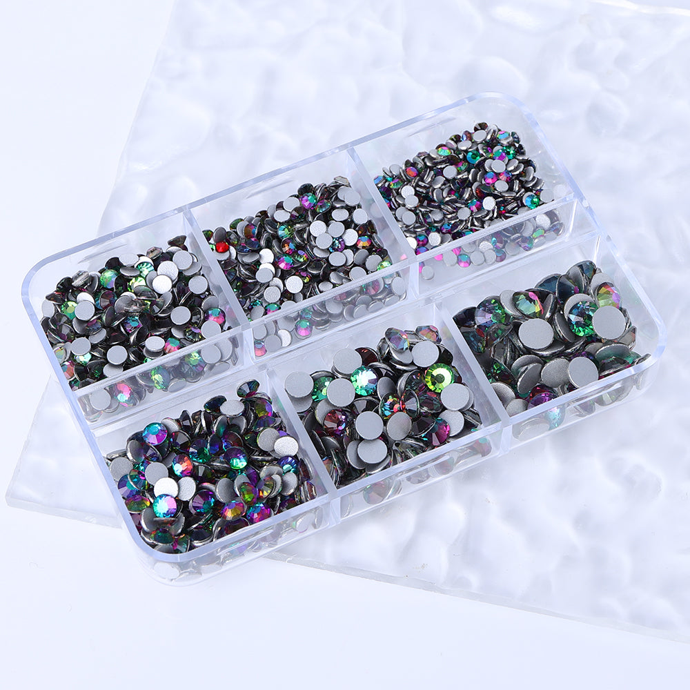Mixed Sizes 6 Grid Box Green Volcano Glass FlatBack Rhinestones For Nail Art  Silver Back