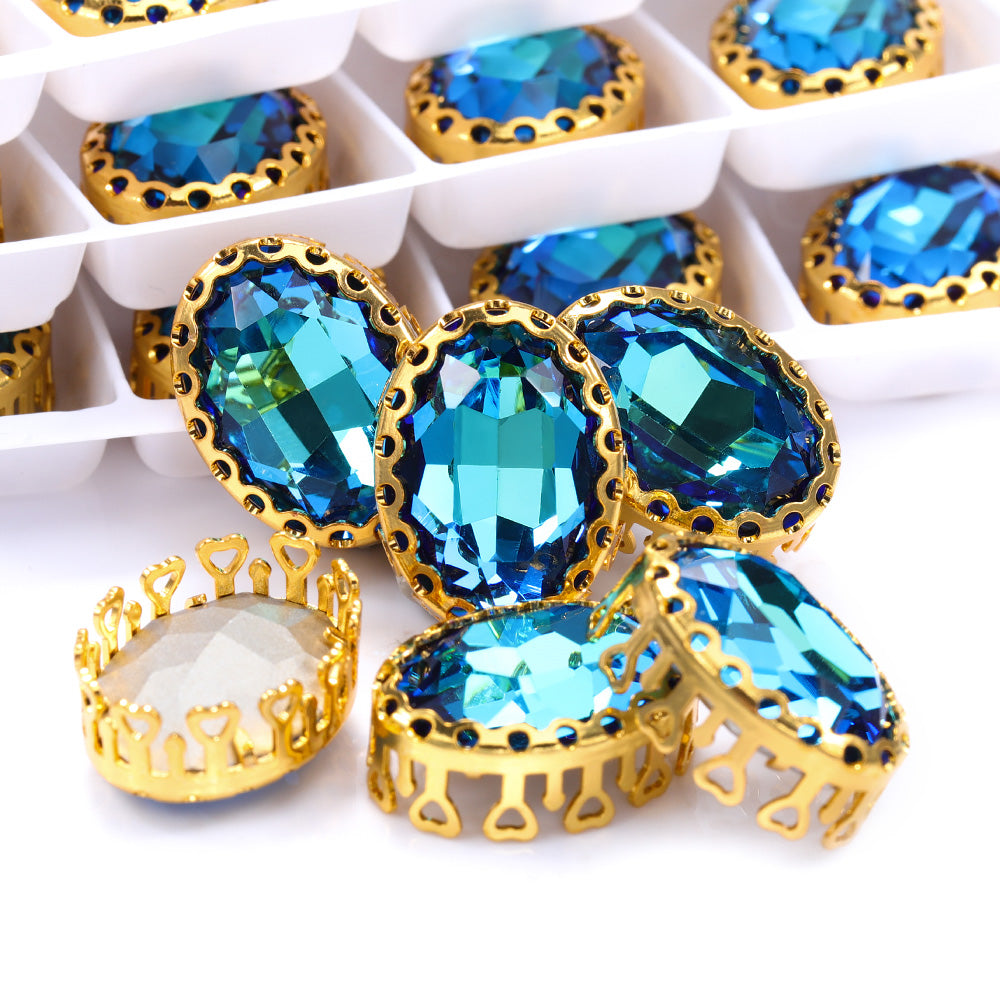 Bermuda Blue Oval Shape High-Quality Glass Sew-on Nest Hollow Claw Rhinestones