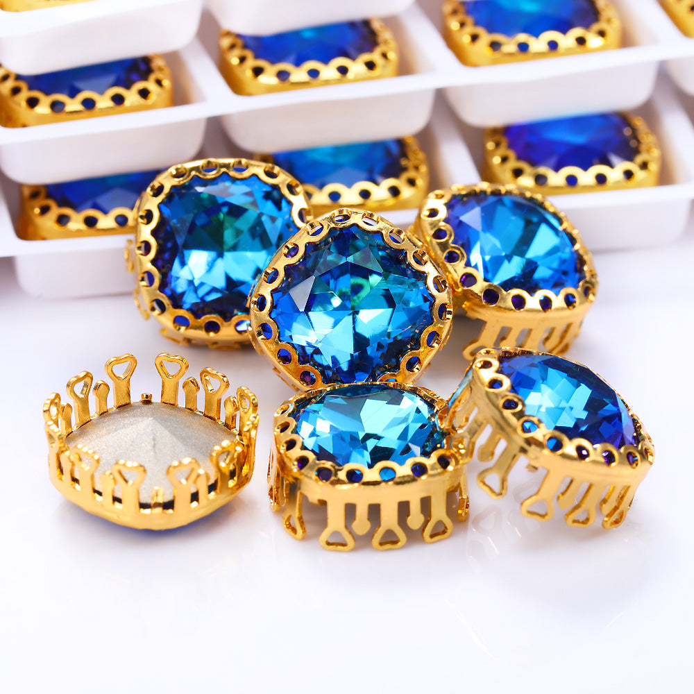 Bermuda Blue Cushion Square Shape High-Quality Glass Sew-on Nest Hollow Claw Rhinestones