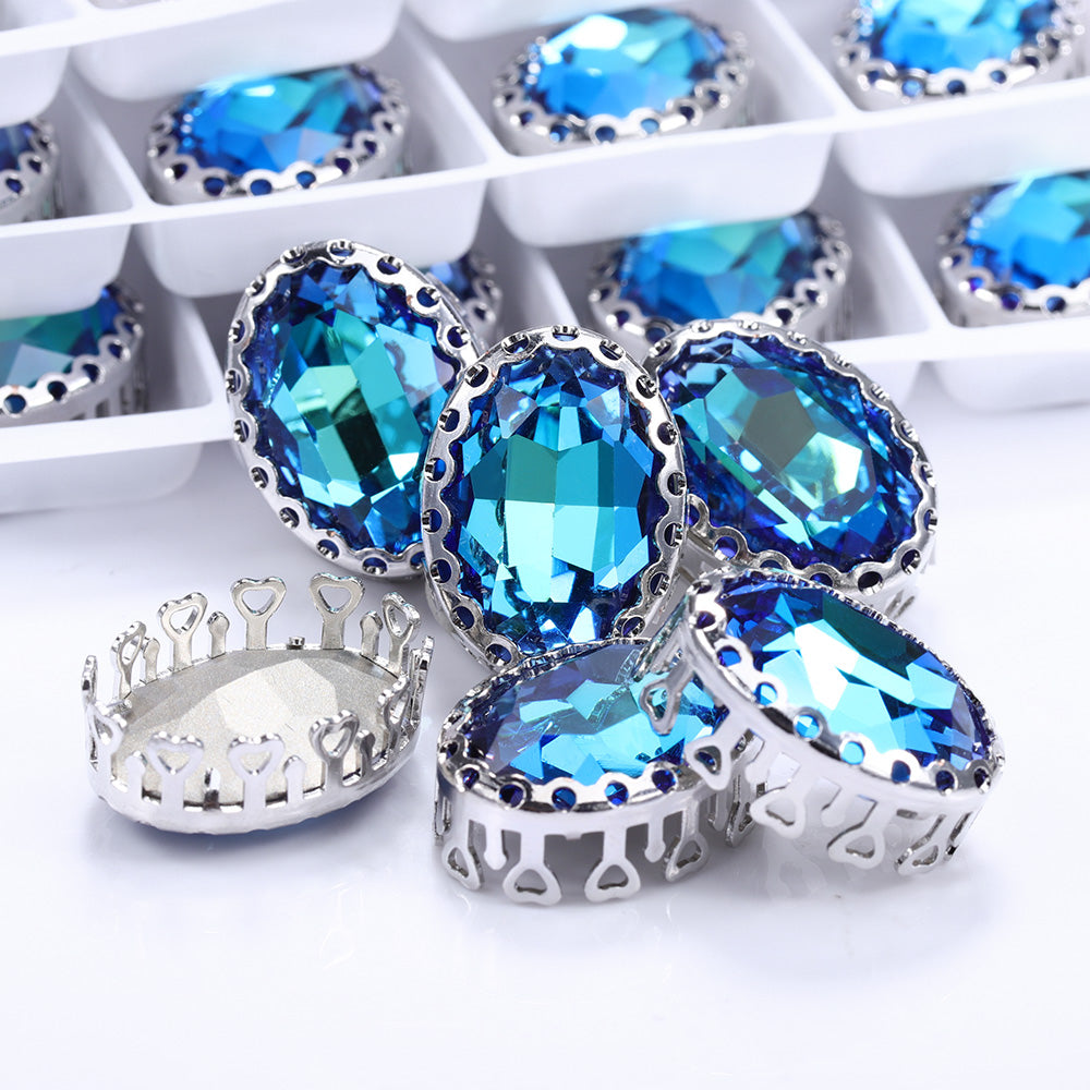 Bermuda Blue Oval Shape High-Quality Glass Sew-on Nest Hollow Claw Rhinestones