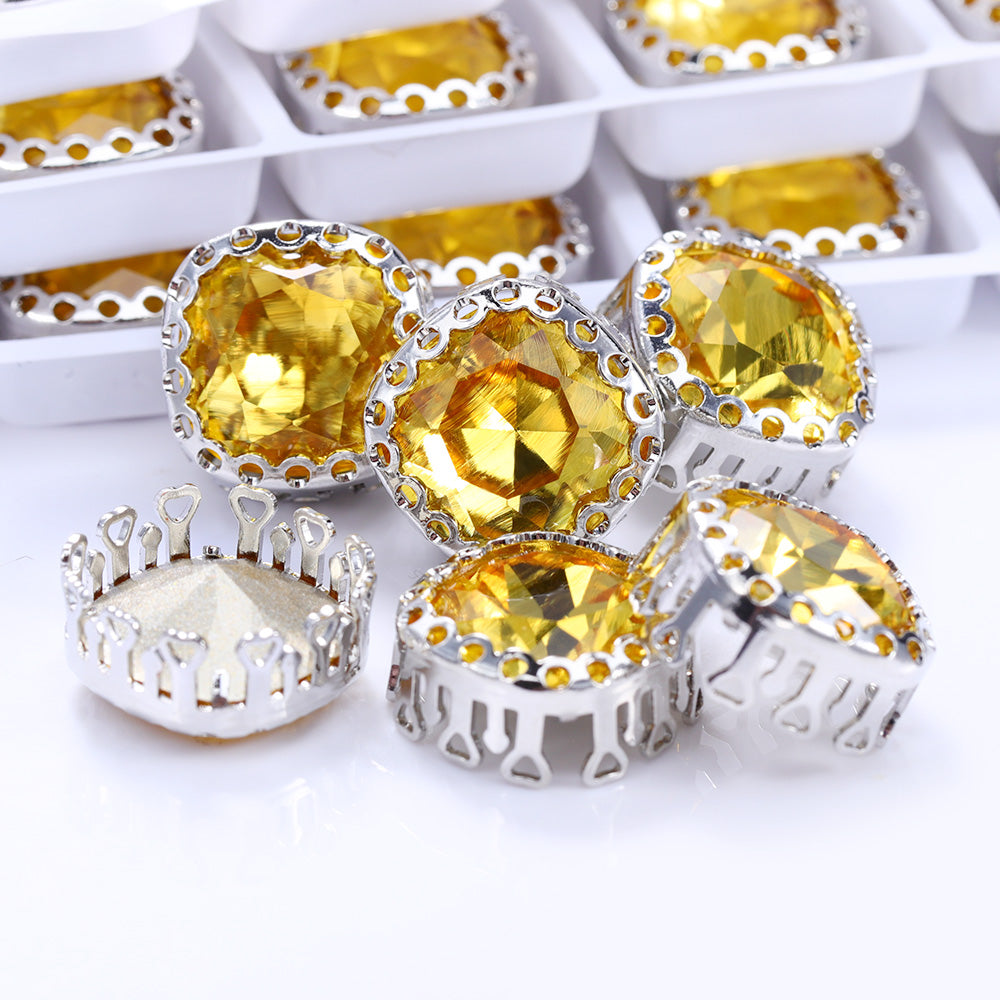 Light Topaz Cushion Square Shape High-Quality Glass Sew-on Nest Hollow Claw Rhinestones